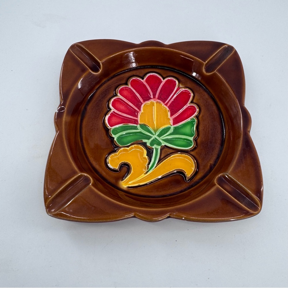 Vintage Ceramic Floral Ashtray Japan Hand Painted 6.5 " X 6.5" Glossy MCM Retro
